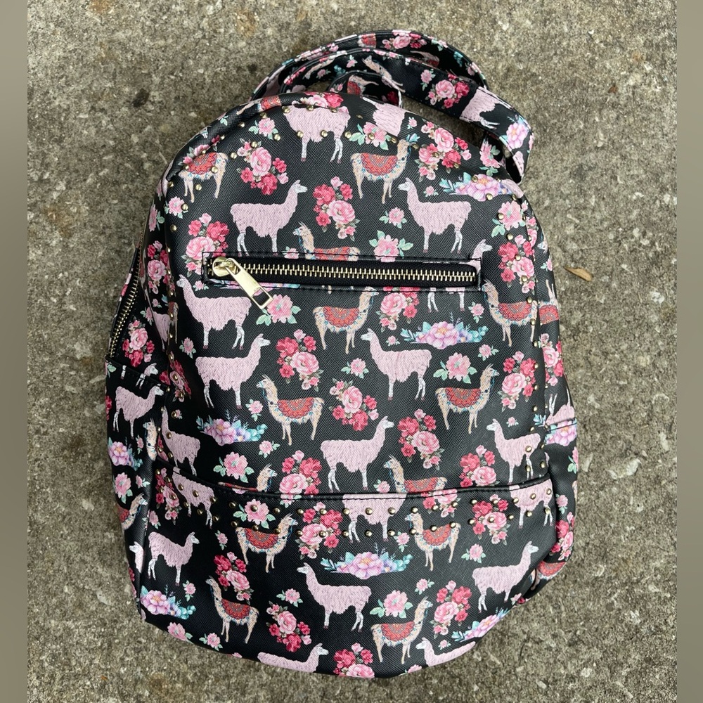New Black and Pink Floral and Llama Print Backpack Purse Faux Leather
